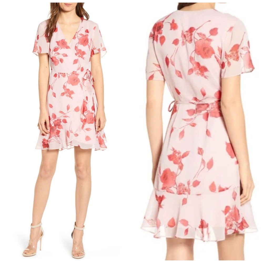 🌸 NWT All in Favor Red Painted Floral Wrap Dress